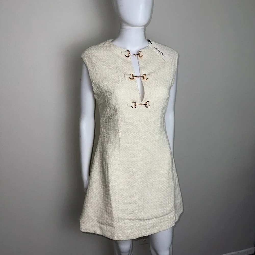 Commense Tweed Mini Dress Sleeveless Gold Buckle Detail Ivory Party Cocktail M‎ - Picture 17 of 17